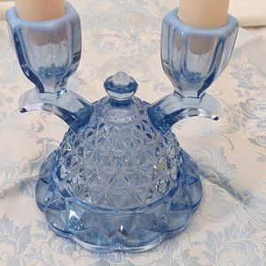 Vtg Blue Depression Glass Double Candle Holder Imperial Glass Katy Blu Lace Edge